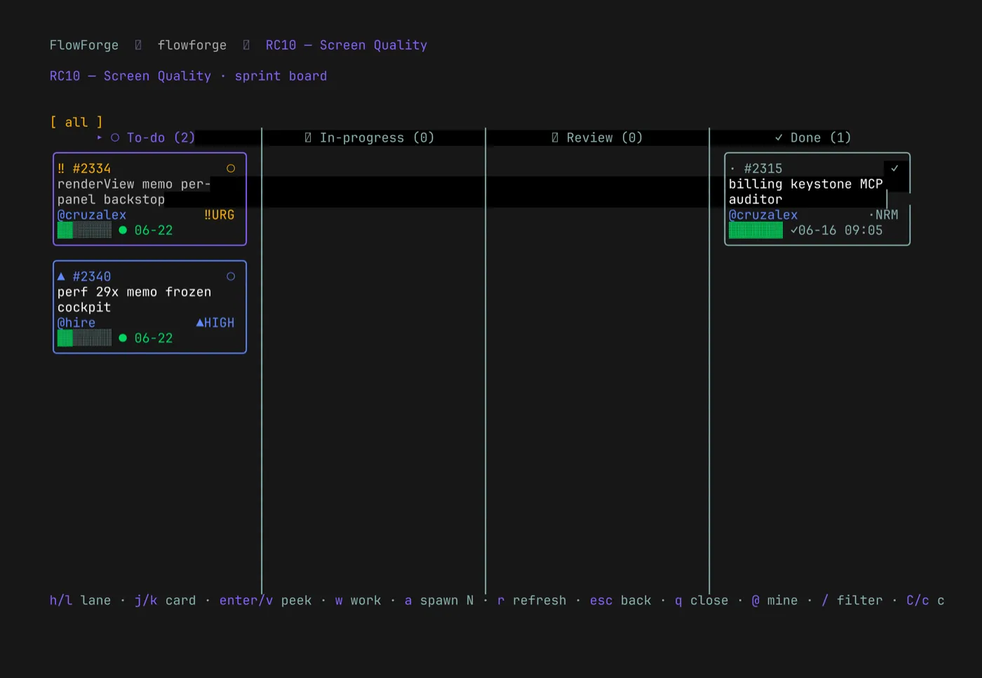 13:9 The sprint board — worker-carried tickets moving across To-do → In-progress → Review → Done, live workers included; every card co-renders its status by color, glyph, and label.