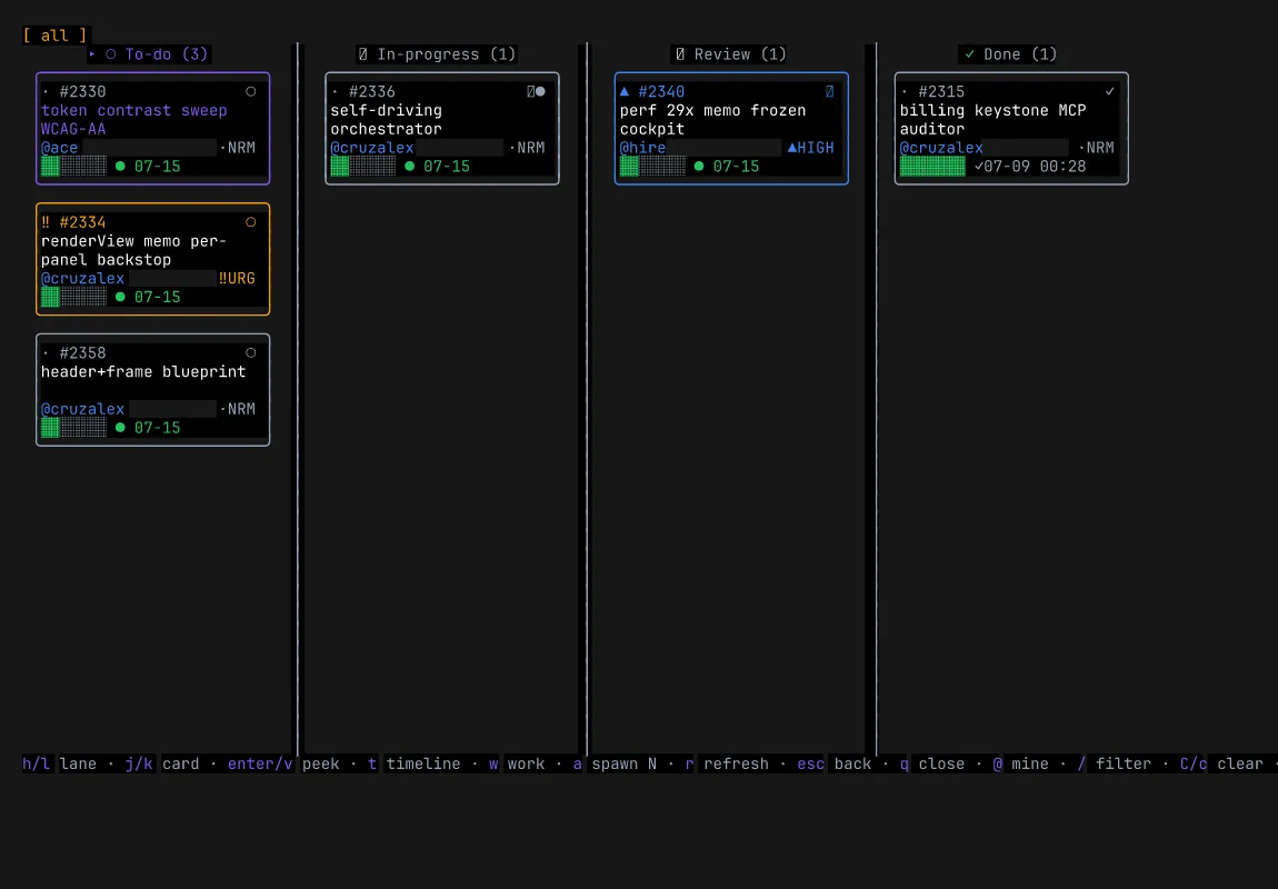 16:10 O quadro Kanban — tickets se movendo de To-do → In-progress → Done, com cards de workers ao vivo incluídos, cada um co-renderizando o status por cor, glifo e rótulo.
