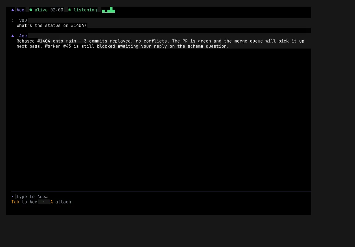 16:10 O recurso de push-to-talk — a sobreposição de voz que aparece quando você dá um duplo toque em Ctrl para falar com o ACE, exibida sobre o cockpit principal.